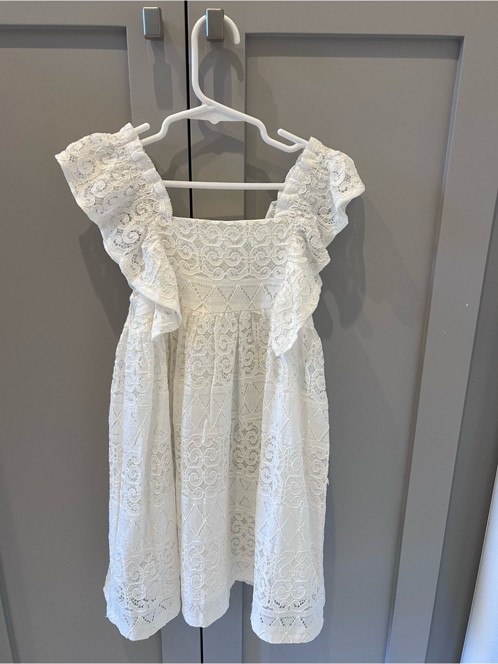 Brand New Without Tags - Mayoral Girls White All-Over Lace Flutter Sleeve Dress